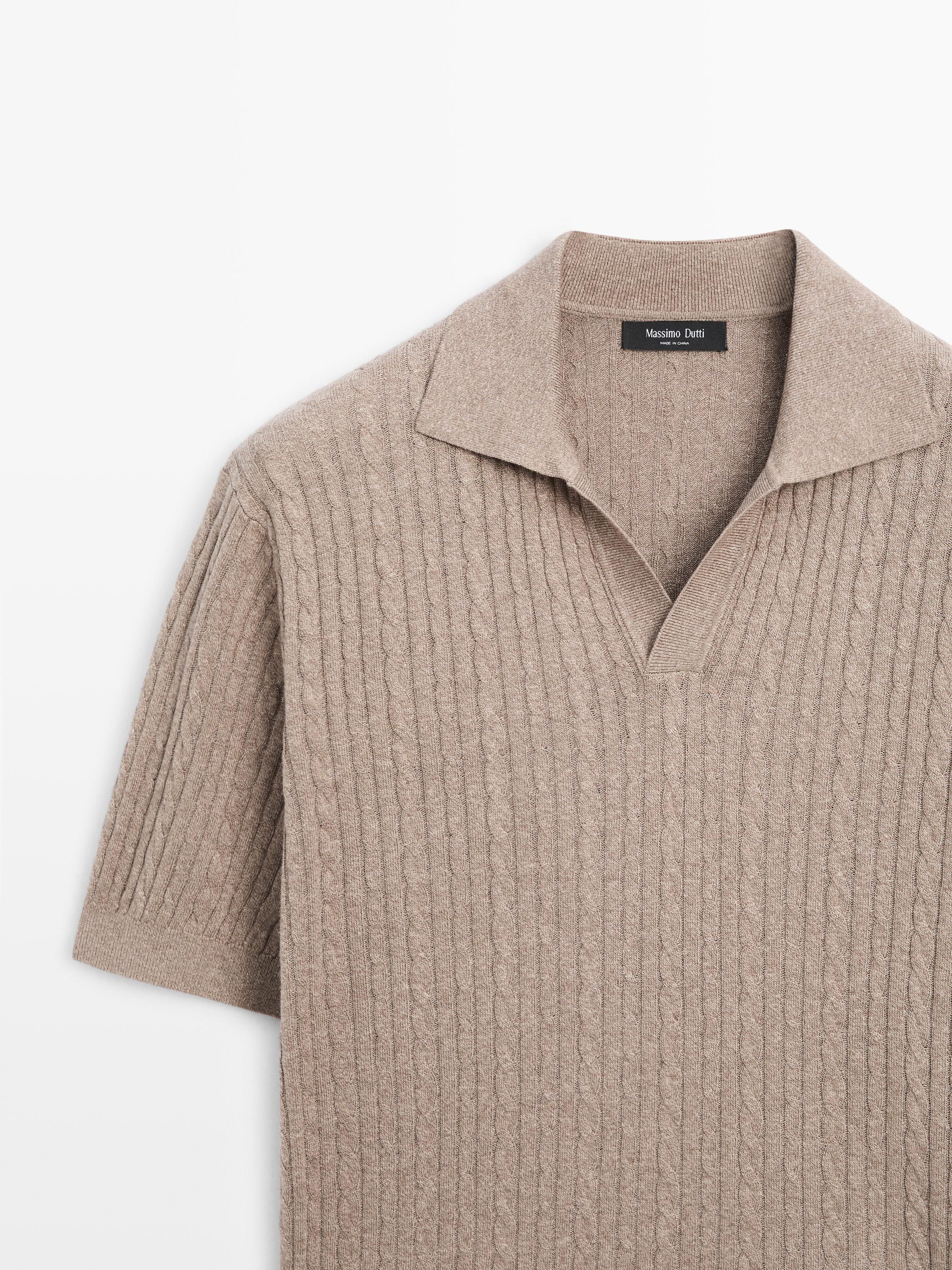 Short sleeve knit polo shirt with cable-knit detail